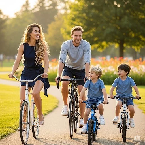 Family riding bicycles together in a park