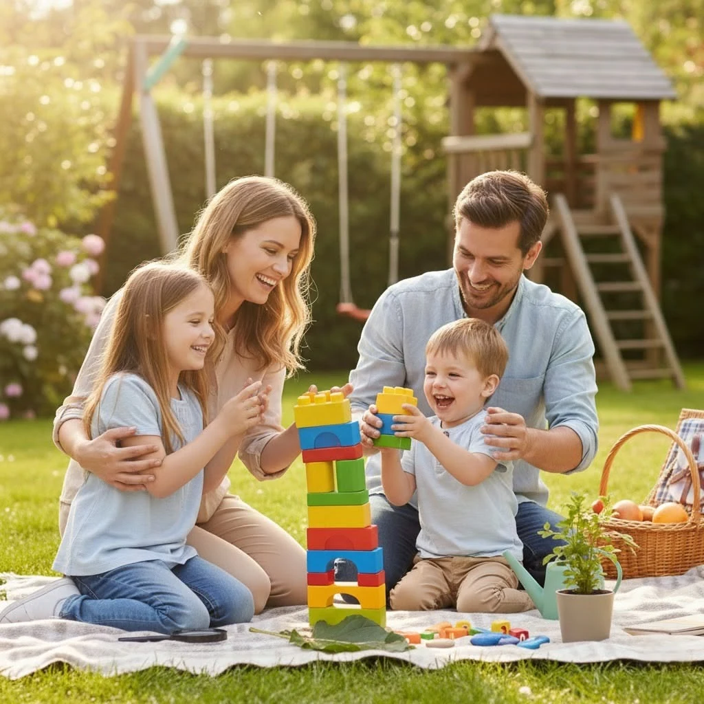 Parents and children enjoying time together in the backyard