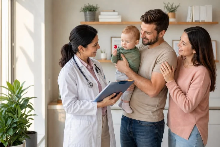 Parents speaking with a doctor while holding their baby