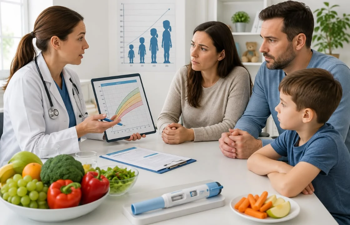 Family discussing health and coverage questions with a doctor