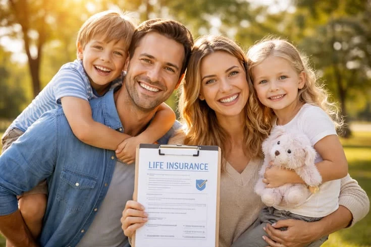 Family holding life insurance information outdoors